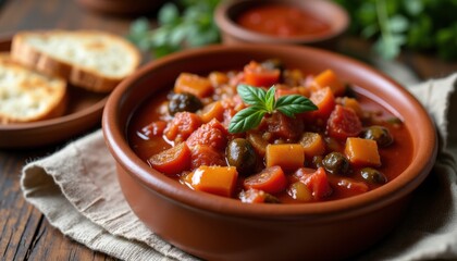 Sicilian caponata with white beans and tomatoes on a rustic plate