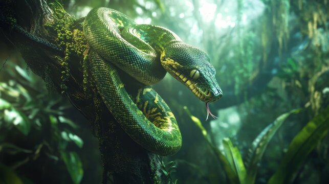 A mesmerizing shot of a green tree python wrapped around a branch in a rainforest. 