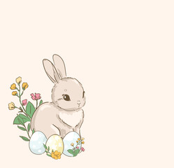 Hand Drawn Cute Bunny and easter eggs vector sstkEaster