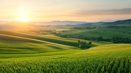 Obraz premium Rolling green hills at sunrise, tranquil landscape with soft sunlight casting shadows, perfect for nature themes and relaxation.