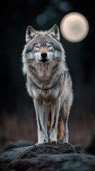 Fototapeta premium Majestic Gray Wolf Under Full Moon, Wilderness Wildlife, Serene Night Scene, Animal Portrait