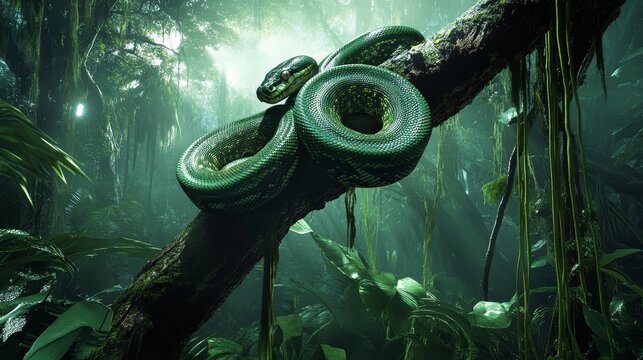 A mesmerizing shot of a green tree python wrapped around a branch in a rainforest. 
