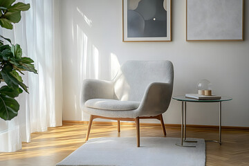 A minimalist reading nook with a textured armchair, glass side table, and soft lighting, creating a peaceful ambiance in a bright, modern interior.