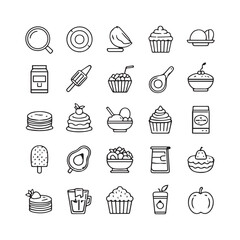 A minimalist, black and white icon set featuring 25 food and restaurant-themed illustrations.