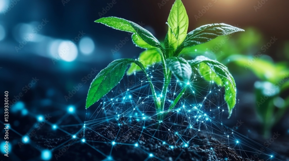 Aufkleber innovative practices in agriculture combine technology and nature. a young plant thrives while surro