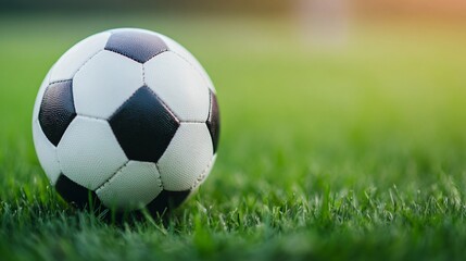 Fototapeta premium Soccer ball on grass, close-up of classic black and white ball resting on vibrant green field, perfect for sports themes.