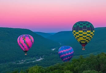 Naklejka premium Colorful hot air balloons fly over lush valley at sunset, travel tourism concept