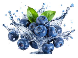 blueberries splashing in water isolated on white background.PNG