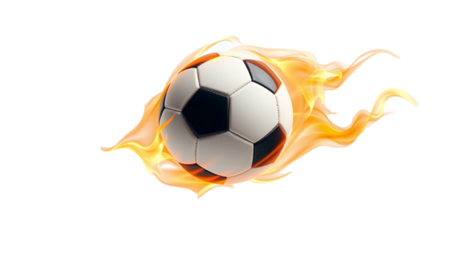 Soccer ball with fire flames. Ball is on fire. Illustration of ball with burning effect. Transparent png, isolated object.