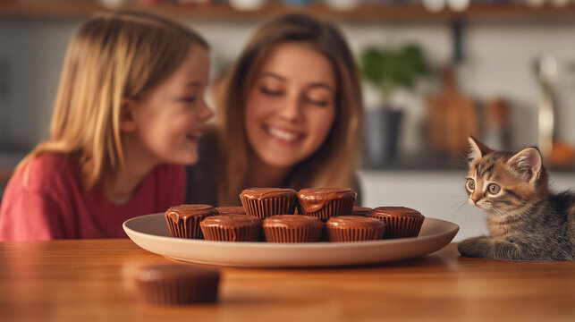 I Love Reese's Three children and mother looking at a plate full of Reese's peanut butter on the table in modern kitchen an on right side on table there is a kitten sitting an watching the Happy famil