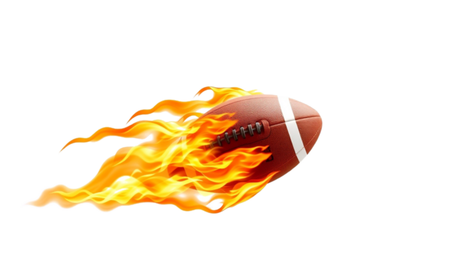 American football on fire flying fast. Burning ball with flames. Sports equipment graphic. Transparent png, isolated