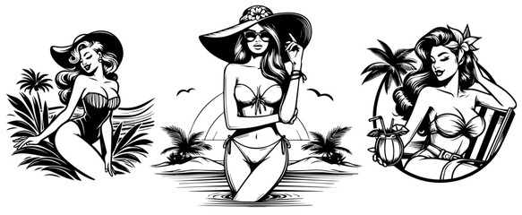pin-up style summer girl illustrations in vintage beach scenes with tropical elements