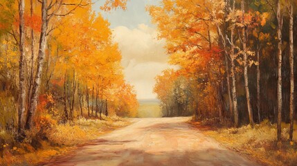 Naklejka premium A peaceful country road lined with tall, autumn trees in full color. 