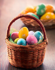 Easter eggs displayed in a wicker basket, with some decorative straw on a wooden surface