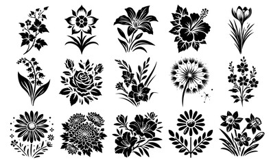 decorative flower illustration set with various floral designs in bold silhouette style vector