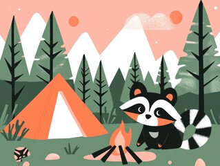 A camping scene with a raccoon near a tent, surrounded by mountains and trees.