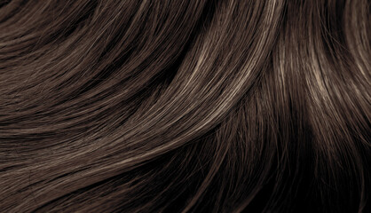 Fototapeta premium Brown hair close-up as a background. Women's long brown hair. Beautifully styled wavy shiny curls. Hair coloring. Hairdressing procedures, extension.