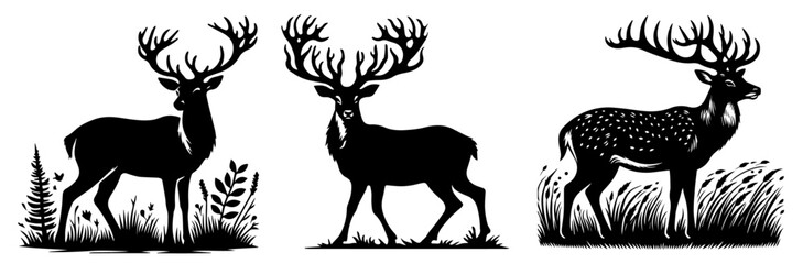 black and white vector deer silhouettes with antlers in nature