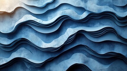 Blue layered paper waves, textured backdrop, sunlit corner