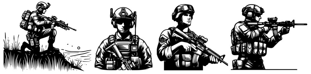 black and white vector soldiers with rifles in tactical gear