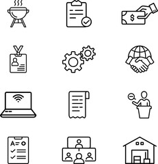 Line Icon Set: BBQ Grill, Checklist, Payment, ID Badge, Gears, Handshake, Laptop, Receipt, Speaker, Task List, Meeting, Warehouse
