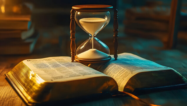 Hourglass and open Bible representing the end times.