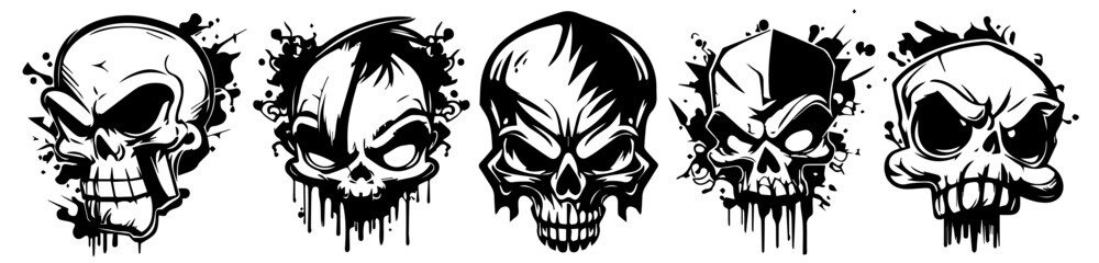 grunge skull illustrations with fierce expressions and dripping effect