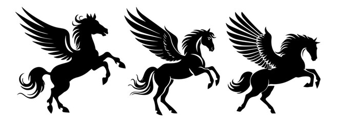 pegasus silhouettes with spread wings in mythical flying horse poses