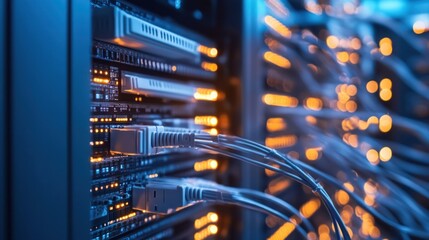 Illuminated Server Rack:  Network Infrastructure Close-Up