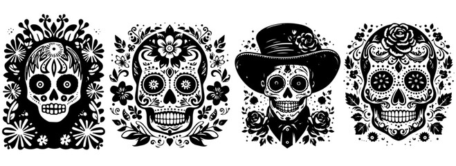 sugar skull portraits with floral decorations and mexican folk art style