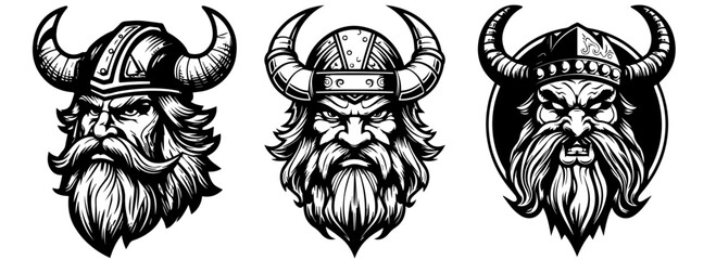fierce viking heads with horned helmets and long beards
