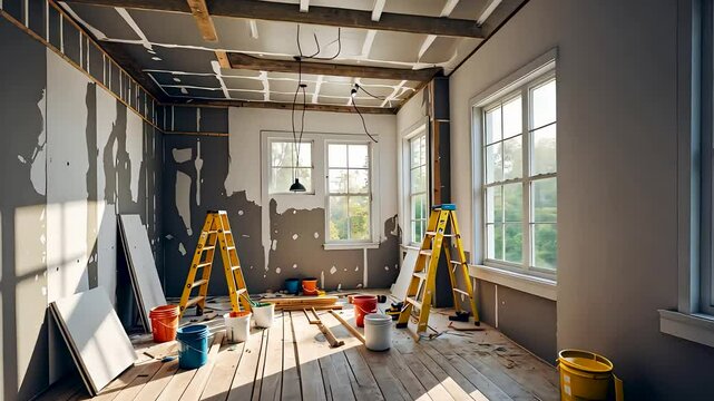 Home renovation project with construction tools, ladders, and exposed drywall in a bright interior.
