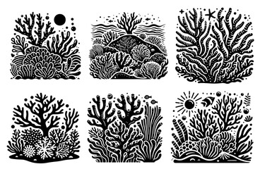coral reef silhouette set underwater sea life scenes for laser cutting and engraving monochrome vector © Aisha Kudorova
