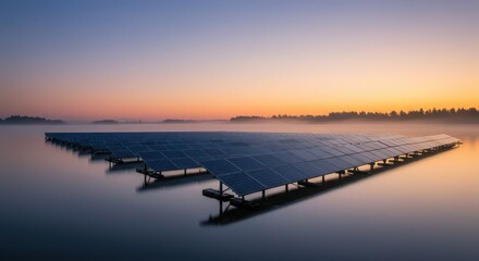 Obraz premium Solar Panels Floating on Water at Dusk for Sustainable Energy
