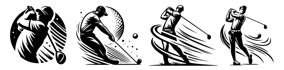golf players swinging clubs in stylized motion silhouettes