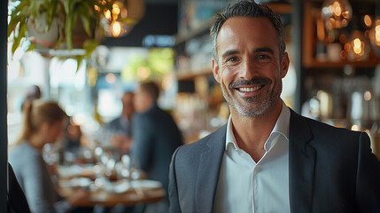 Fototapeta premium Confident businessman smiles warmly at a restaurant