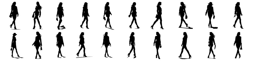 walking woman silhouette set female figure shape for laser cutting and engraving black and white vector illustrations