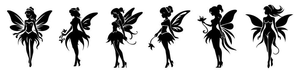 fairy silhouette tattoo set black and white hand drawn vector illustrations