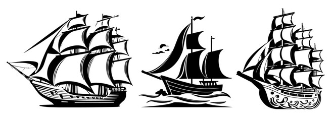 vintage sailing ships tattoo set black and white hand drawn vector illustrations © Aisha Kudorova