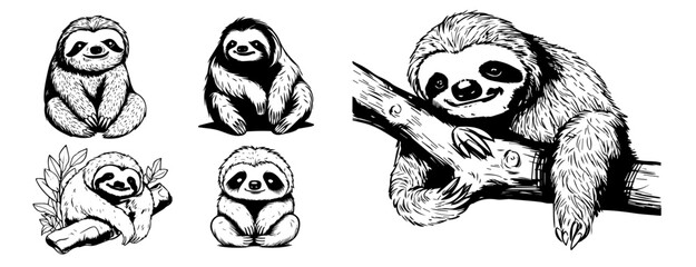 sloth illustration set with cute poses and hand drawn style vector