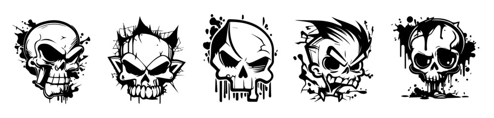 grunge skull illustrations with dynamic black ink lines