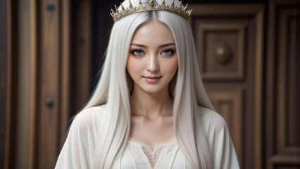 Naklejka premium Asian Queen with Silver Hair Wearing Crown in Palace - Royalty, Fantasy, Beauty