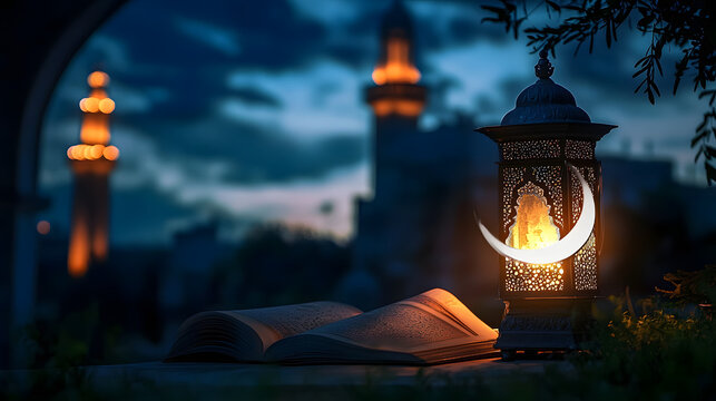 Ramadan Kareem greeting. Islamic crescent moon and lantern. End of fasting. ramadan decorations, Eid al-Fitr. Breaking of holy fast day. Muslim holiday. Arab night sky. - Powered by Adobe