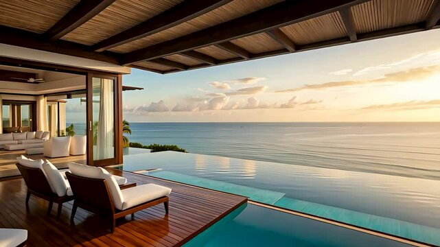 Luxury beachfront villa with an infinity pool overlooking the ocean and a stunning sunset view.
