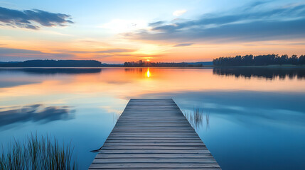 Fototapeta premium Serene sunset over a tranquil lake with a wooden dock extending into calm waters