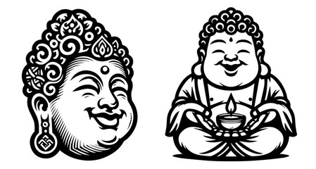 smiling buddha face and seated buddha with lamp