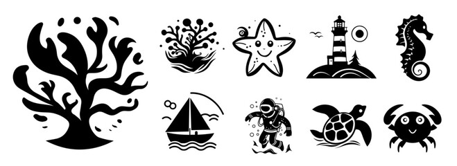 sea creatures and nautical elements set including starfish, turtle, crab, and lighthouse