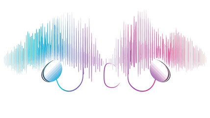 The image depicts a stylized representation of sound waves.  Two sets of vertical, multicolored lines, predominantly in shades of blue, pink, and purple, create a wave-like pattern. The color