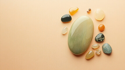 Pale Green and Beige Gemstone Collection on Textured Background