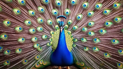 Obraz premium A proud peacock with iridescent feathers fanned out, creating a stunning display.